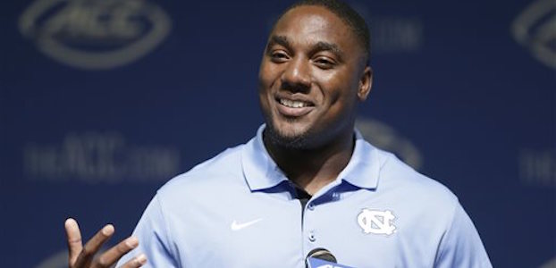 North Carolina's Marquise Williams responds to questions during the ACC NCAA college football kickoff in Pinehurst, N.C., Monday, July 20, 2015. (AP Photo/Gerry Broome)